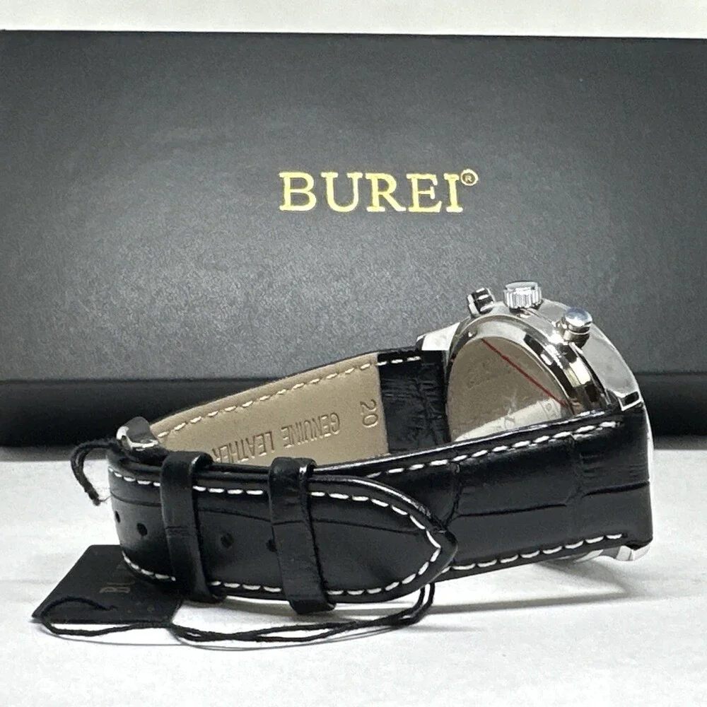 Burei S-17005M Men's Black Leather Strap Analog Dial Quartz Wrist Watch XOB29
